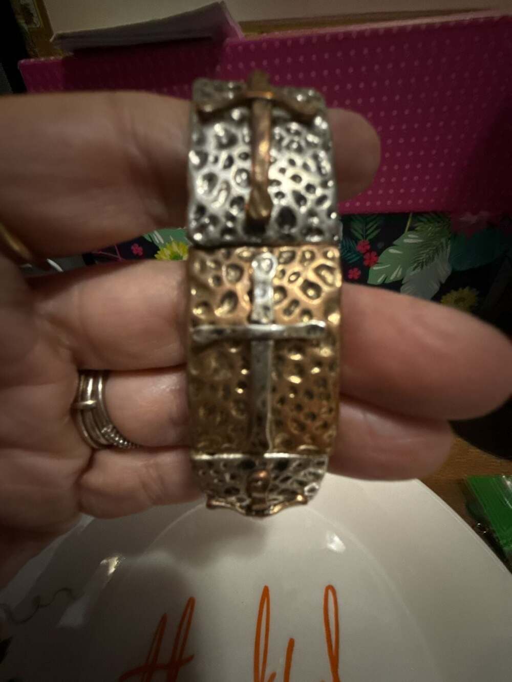Vintage Tri Tone Stretch Bracelet Crosses Hammered Metal